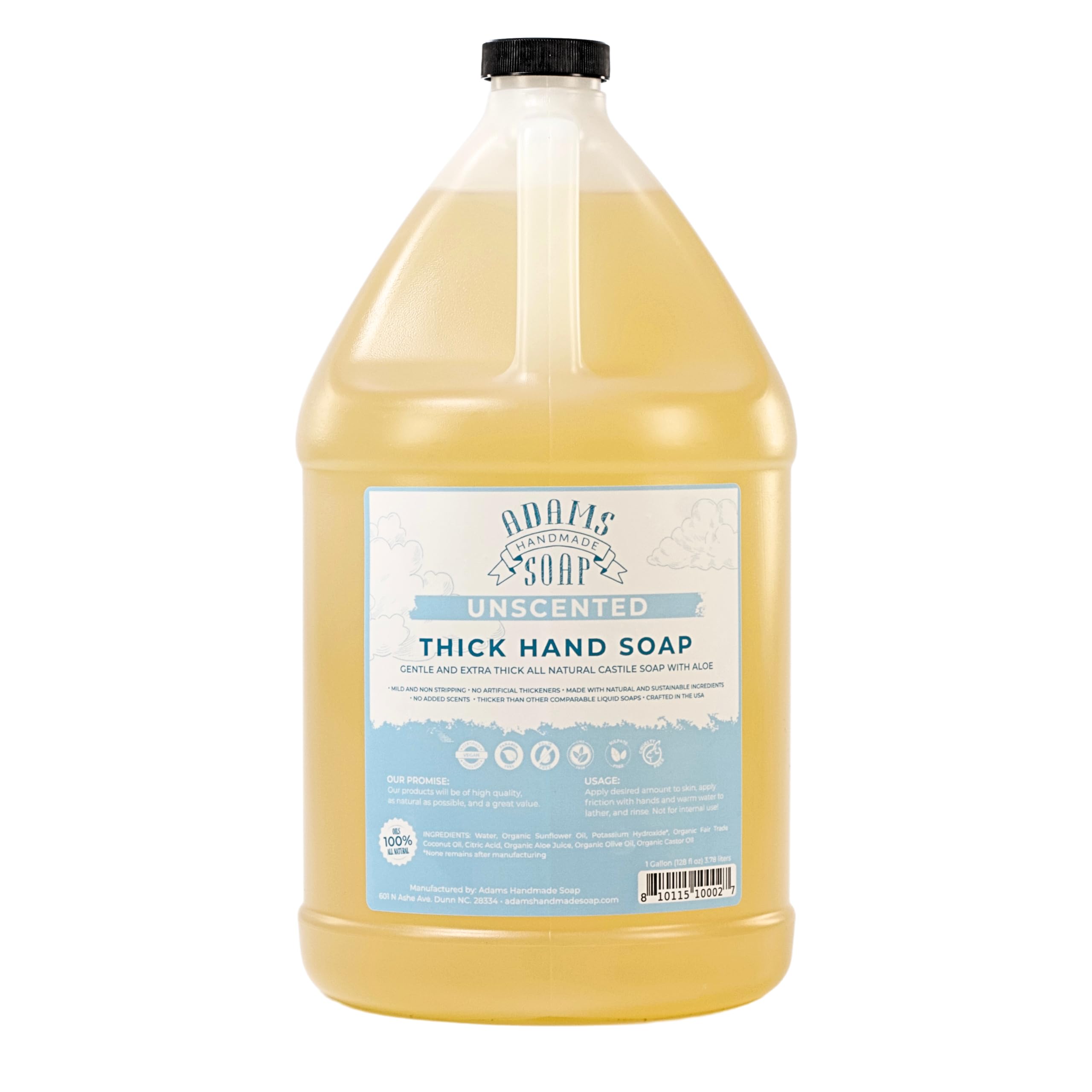 Adams Handmade Soap gallon front label showing unscented refill benefits