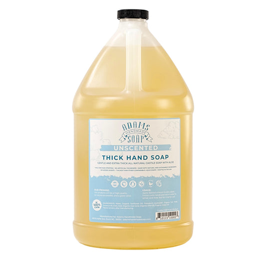 Adams Handmade Soap gallon front label showing unscented refill benefits