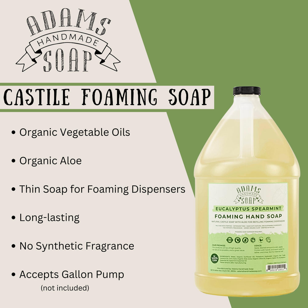 Adams Handmade Soap being poured into a foaming dispenser illustrating convenient refill and reduced waste