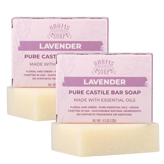 Adams Handmade Soap front packaging showing lavender bar, clear ingredient benefits