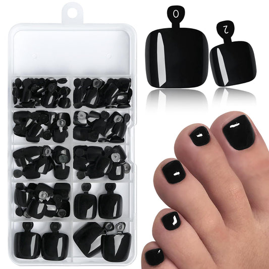 AddFavor front packaging of black press-on toenails showing kit contents and convenience