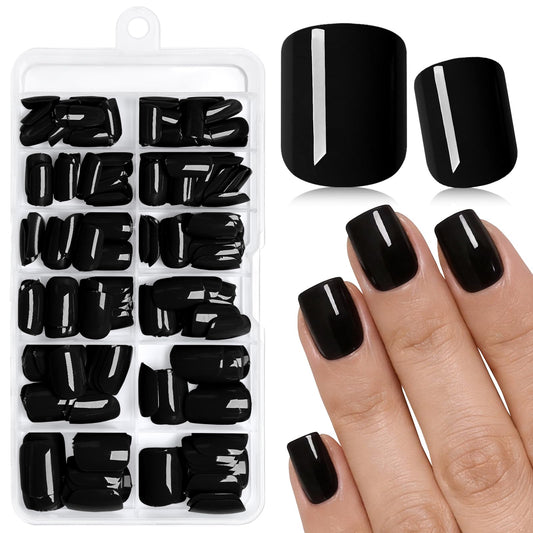 AddFavor front packaging showing glossy black short square press-ons and kit contents for convenience