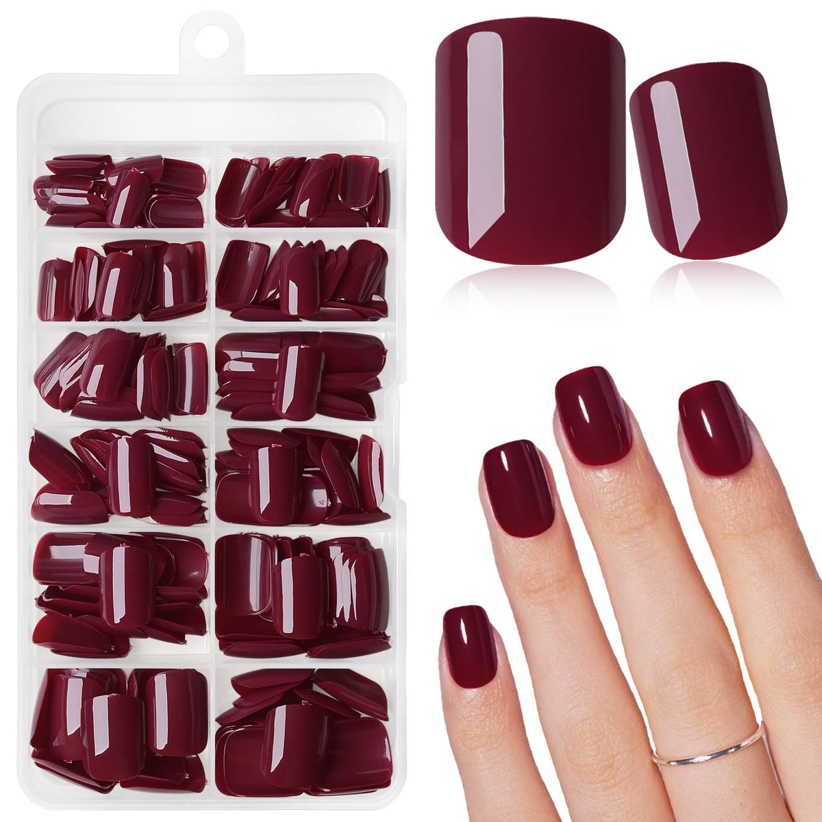 AddFavor front packaging showing burgundy short press-on nails and kit contents for convenience