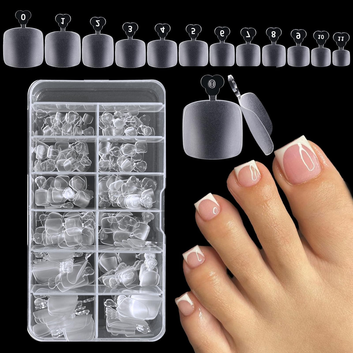 AddFavor front packaging of 240 matte toe tips showing kit contents and sizes for convenience