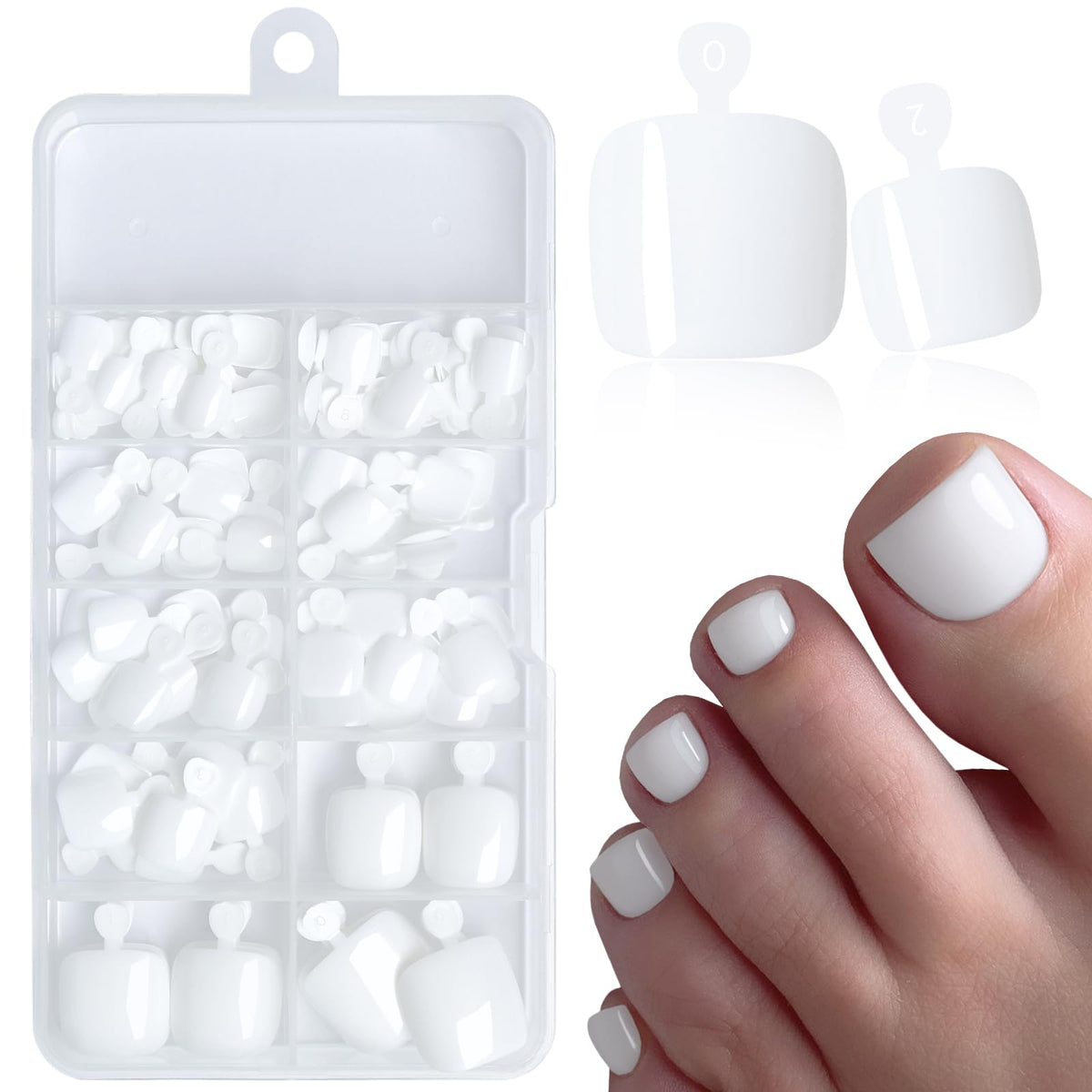 AddFavor front packaging showing 120 white press-on toenails and accessories for easy pedicures