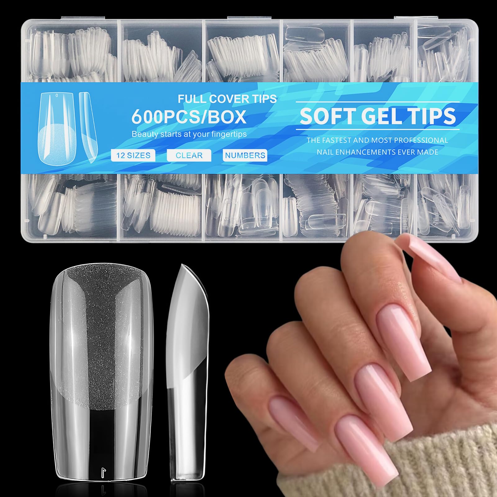 AddFavor front packaging showing 600pcs clear square tips and organized box benefit easy storage