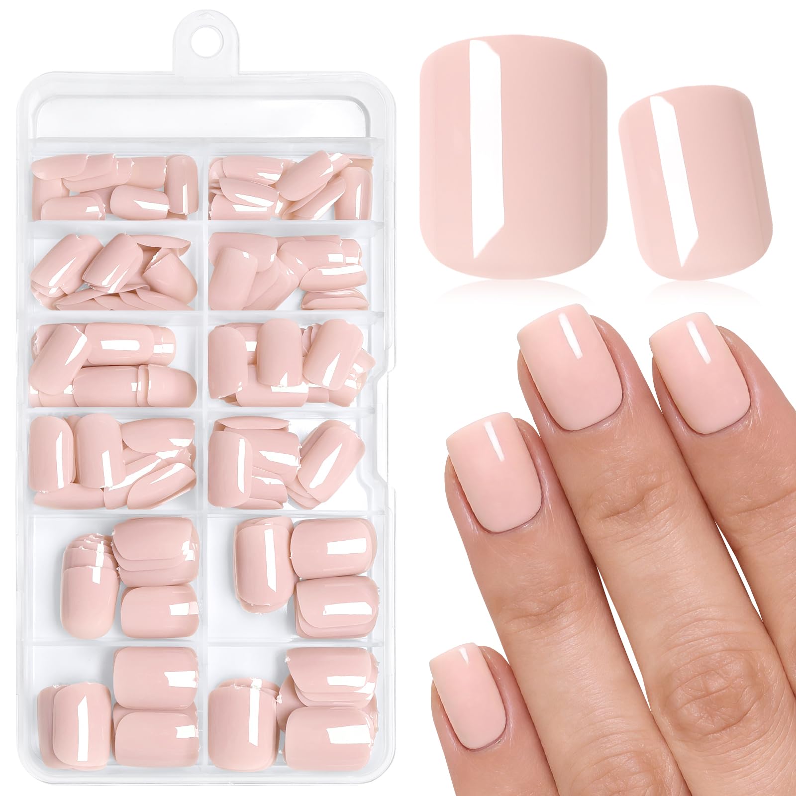 AddFavor front packaging showing 144-piece nude short press-on nails and kit benefits