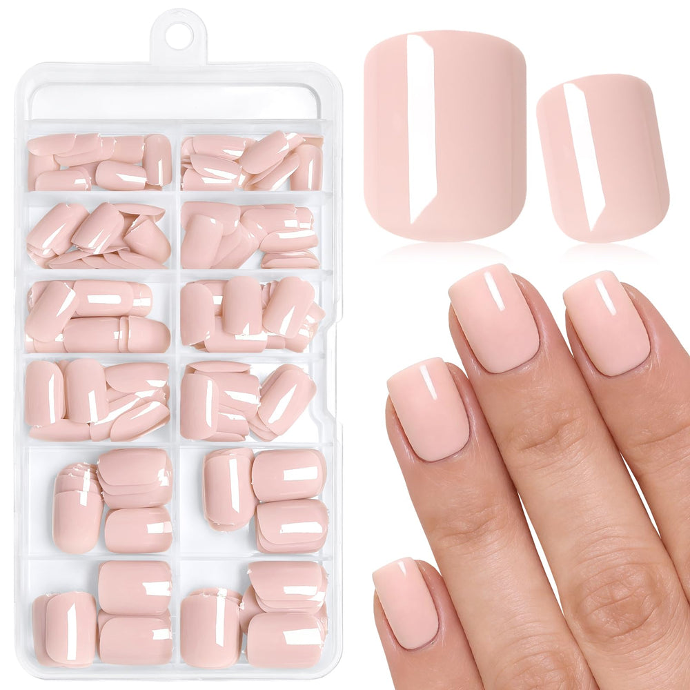 AddFavor front packaging showing 144-piece nude short press-on nails and kit benefits