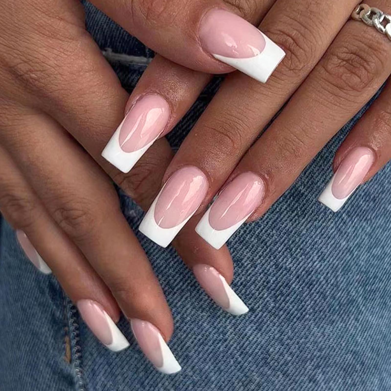 AddFavor model wearing French tips showing natural nude look and elegance