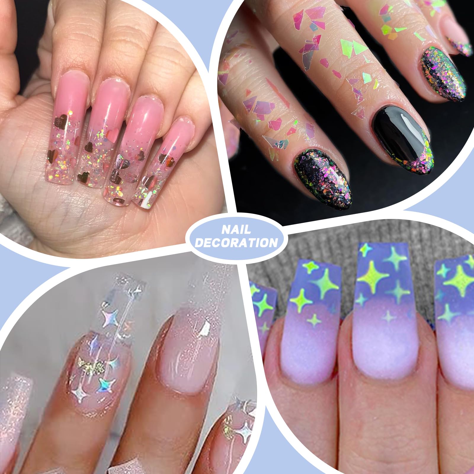 AddFavor finished nail art showcasing holographic flakes for dimensional, salon-style nails