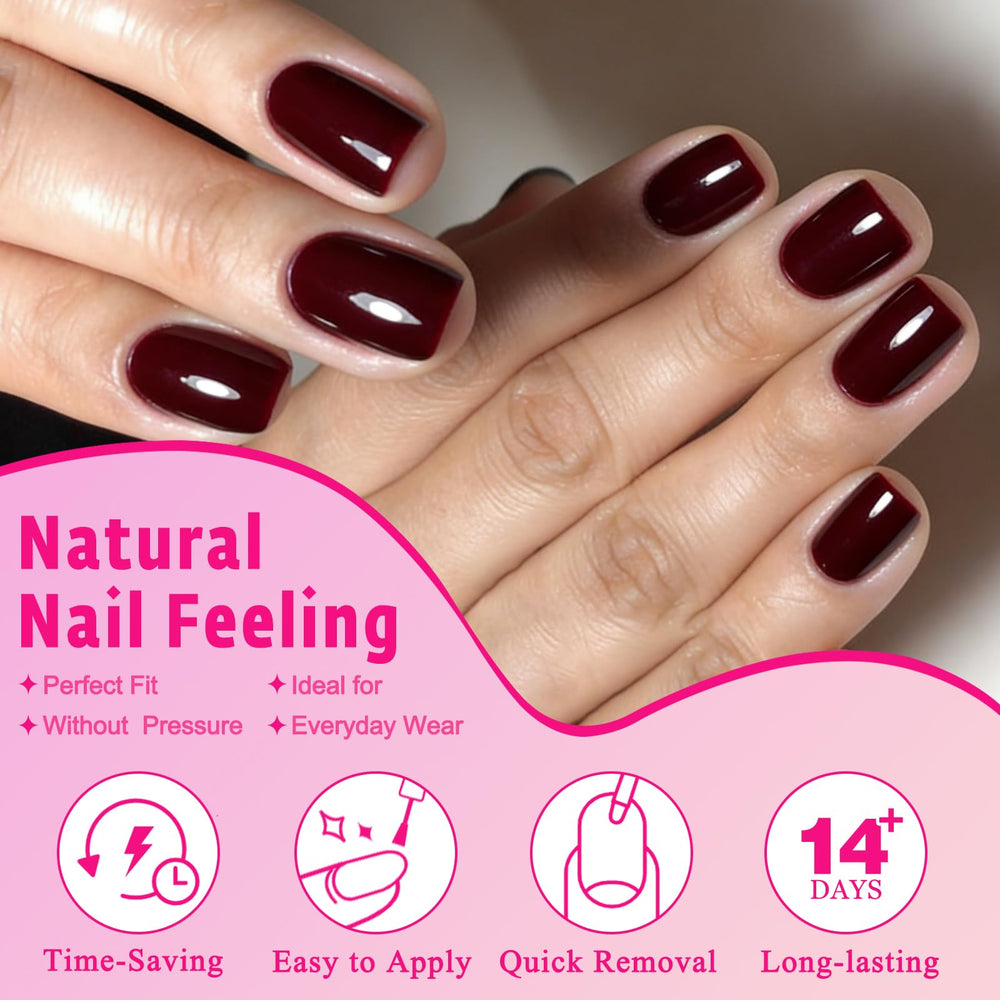 AddFavor woman typing with short burgundy nails showing functional everyday comfort