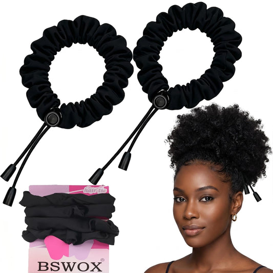 Adjust Satin Hair Tie front view showing black scrunchie and neat hold benefit