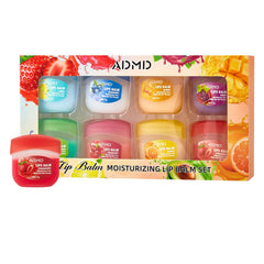ADMD front packaging showing eight mini fruit lip balms and convenience