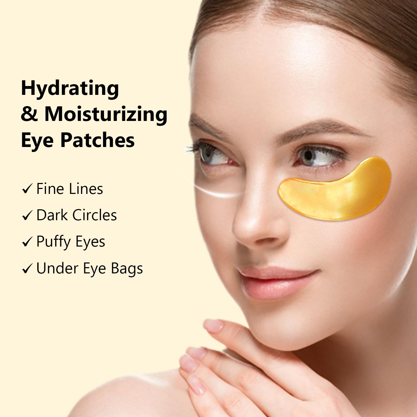 Adofect open pouch revealing a pair of gold-hued hydrogel patches and nourishing serum