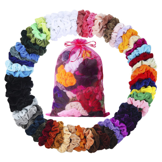 ADRIONE front packaging showing 60 colorful velvet scrunchies and brand clarity