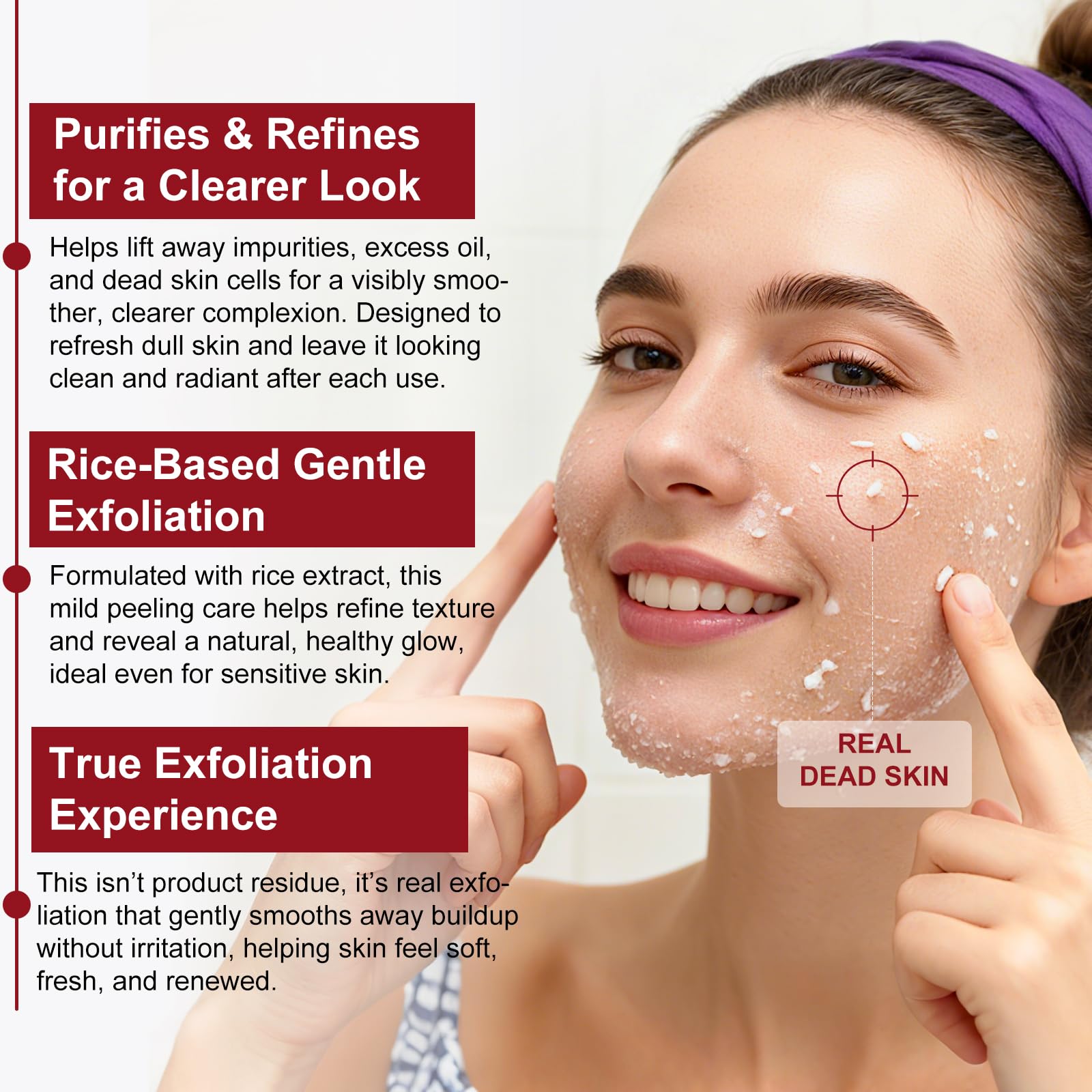 ADSBJUX close-up of white rice exfoliant texture for gentle peeling