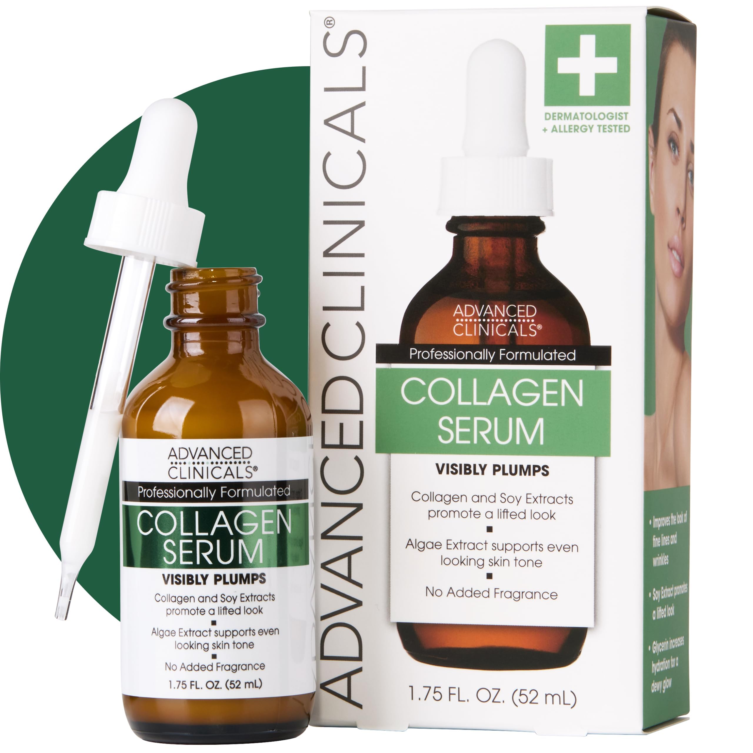 Advanced Clinicals collagen serum bottle front view showing clean packaging and benefits
