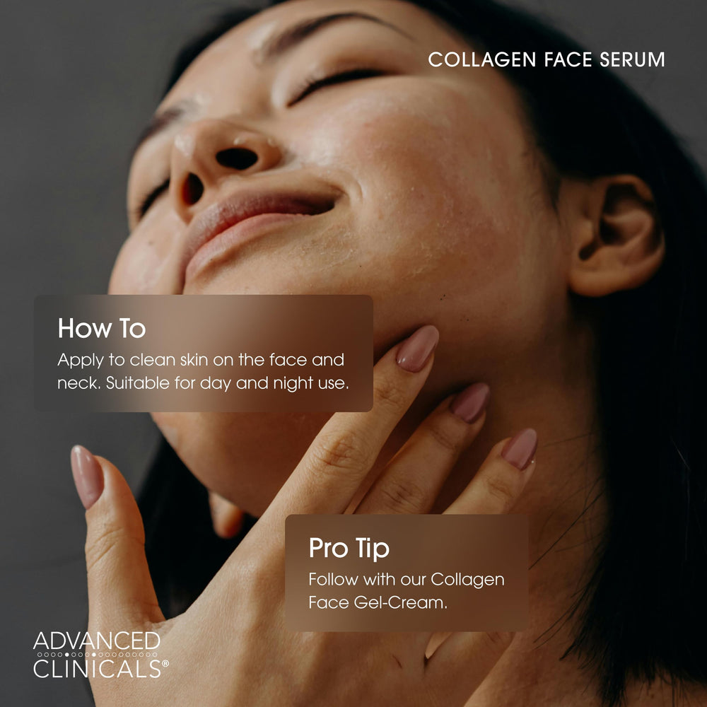 Advanced Clinicals collagen serum held in hand to show 1.75 fl oz size and scale