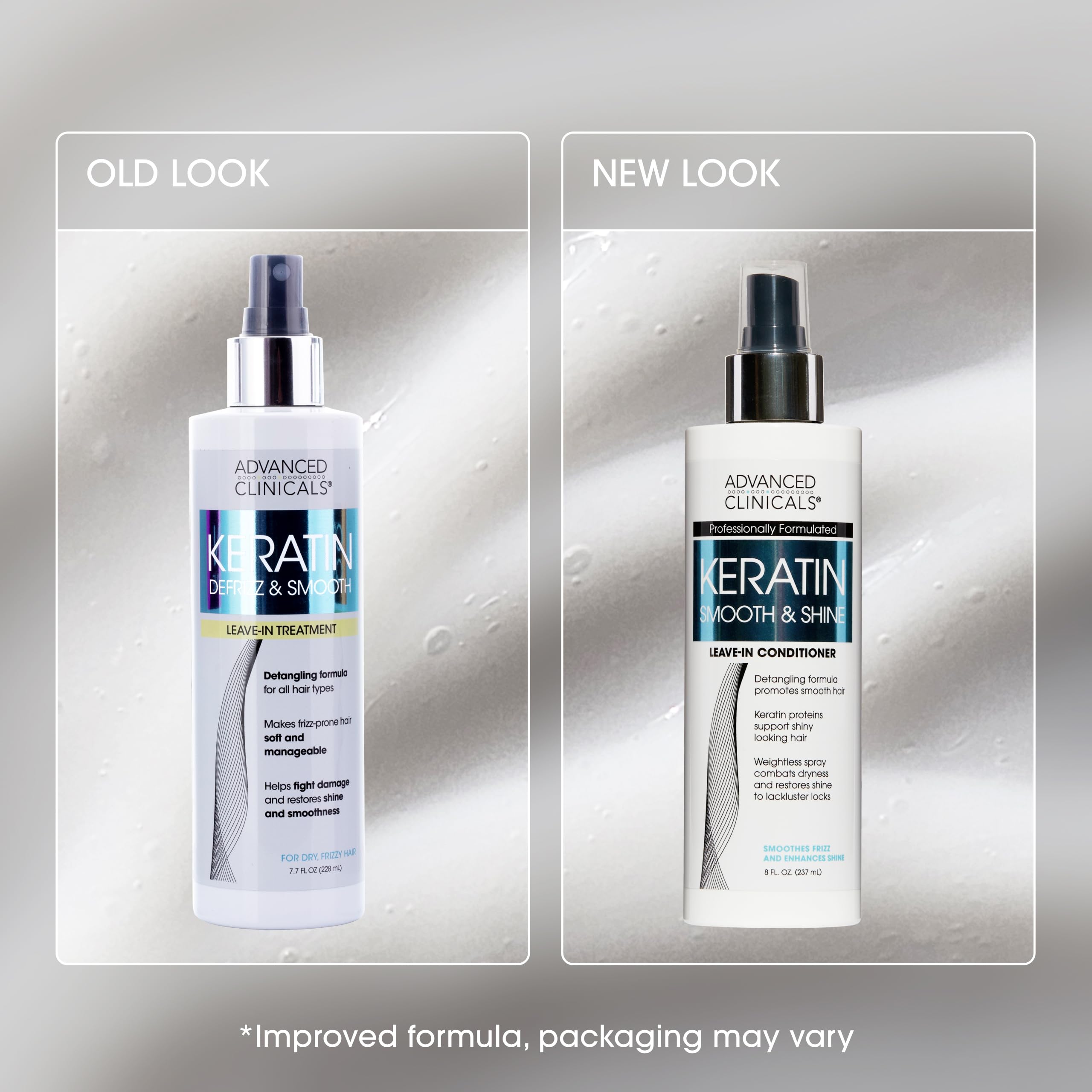 Advanced Clinicals side-by-side before and after hair comparison benefit: reduced frizz and shine