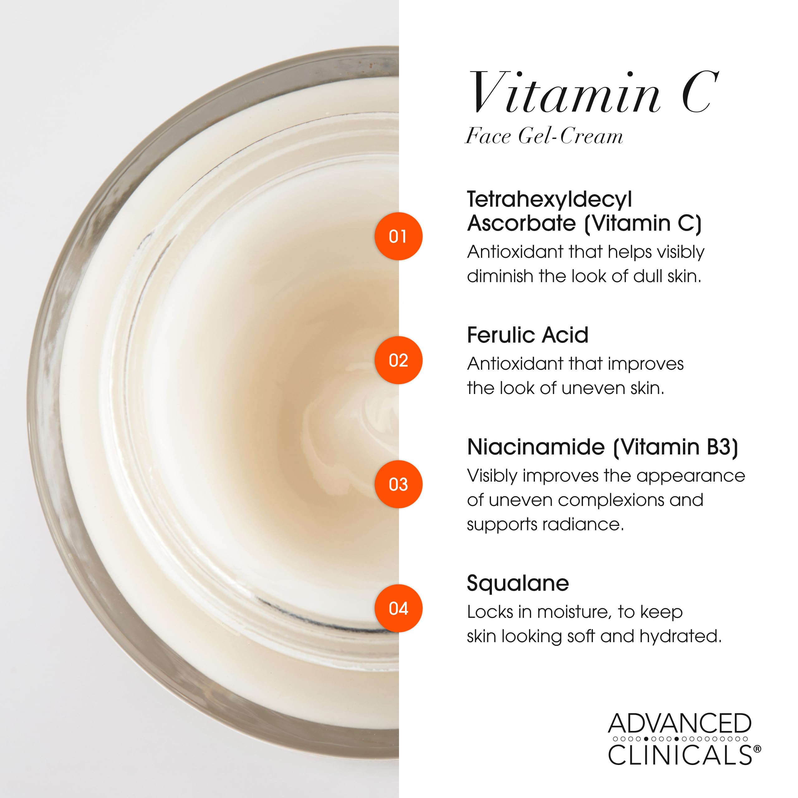 Advanced Clinicals ingredients arranged showcasing vitamin C, niacinamide and hyaluronic acid benefits