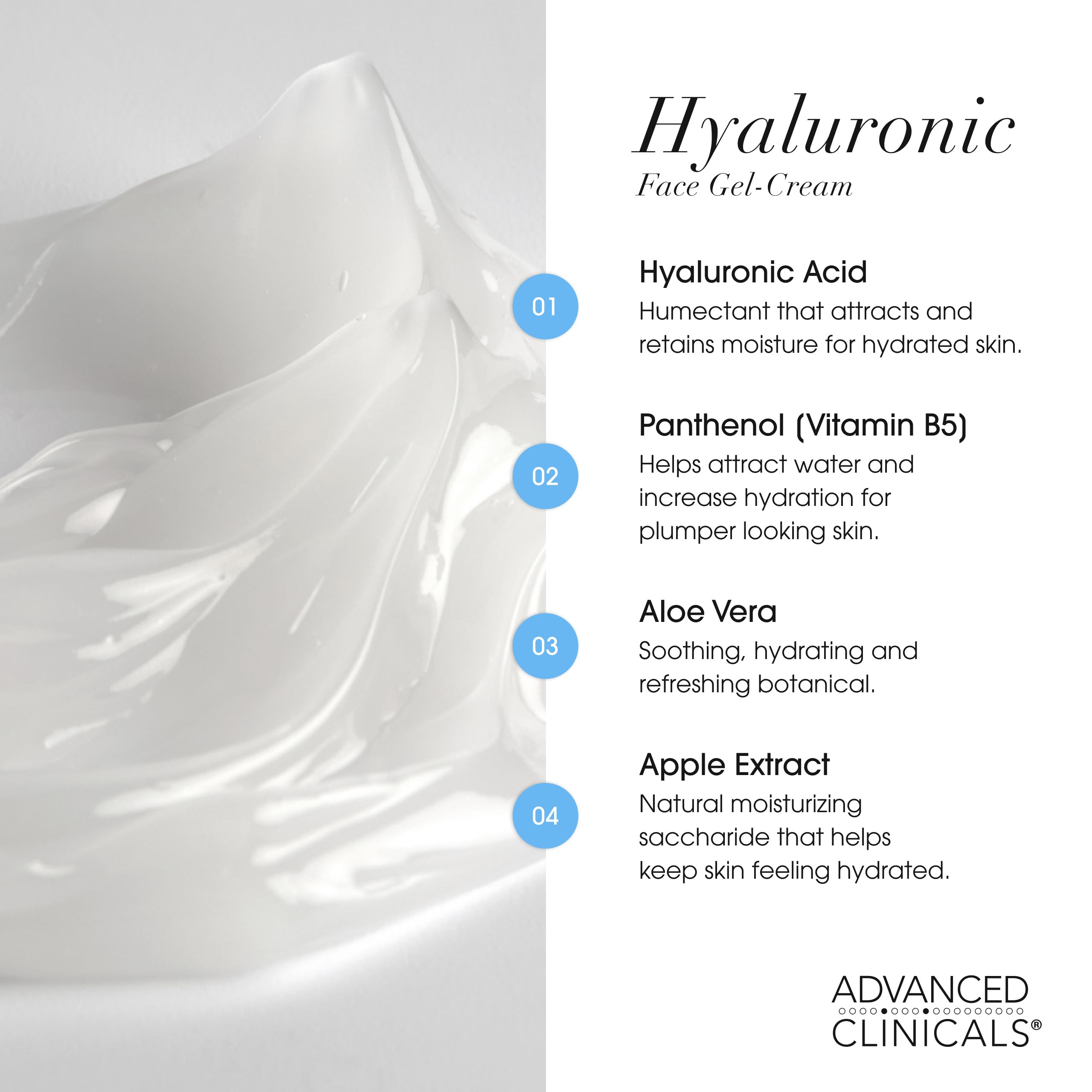 Advanced Clinicals ingredient label highlighting hyaluronic acid and vitamin B5
