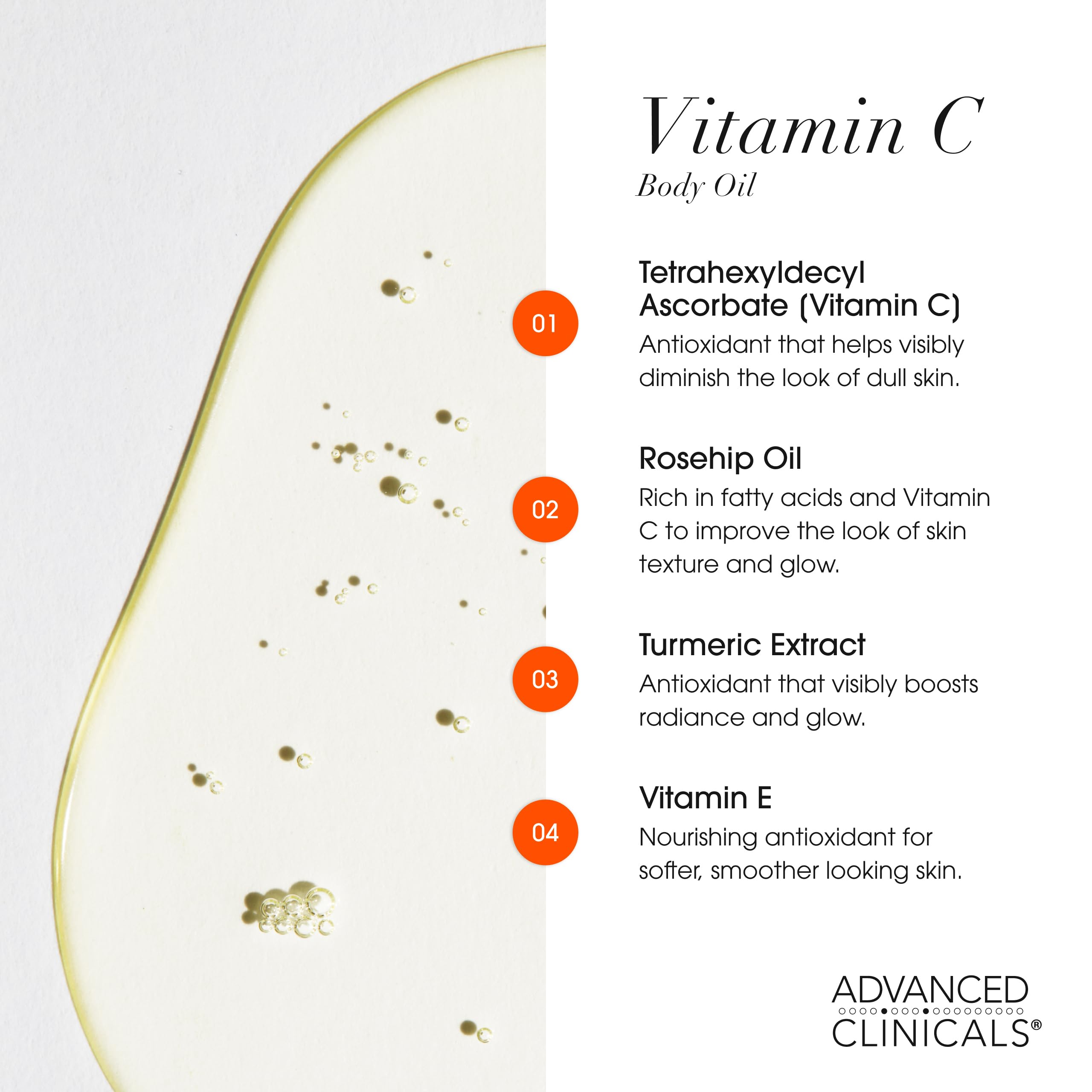 Advanced Clinicals oil texture on hand highlighting smooth, non-greasy feel