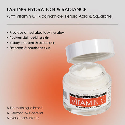 Advanced Clinicals open jar showing gel-cream texture and hydrating, lightweight benefit