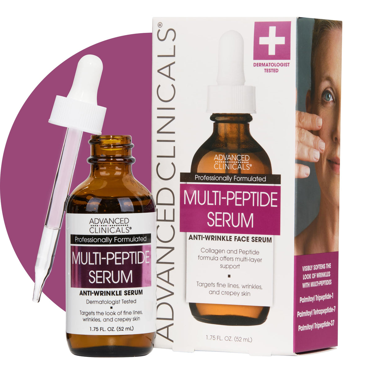 Advanced Clinicals front packaging showing serum bottle and label benefits