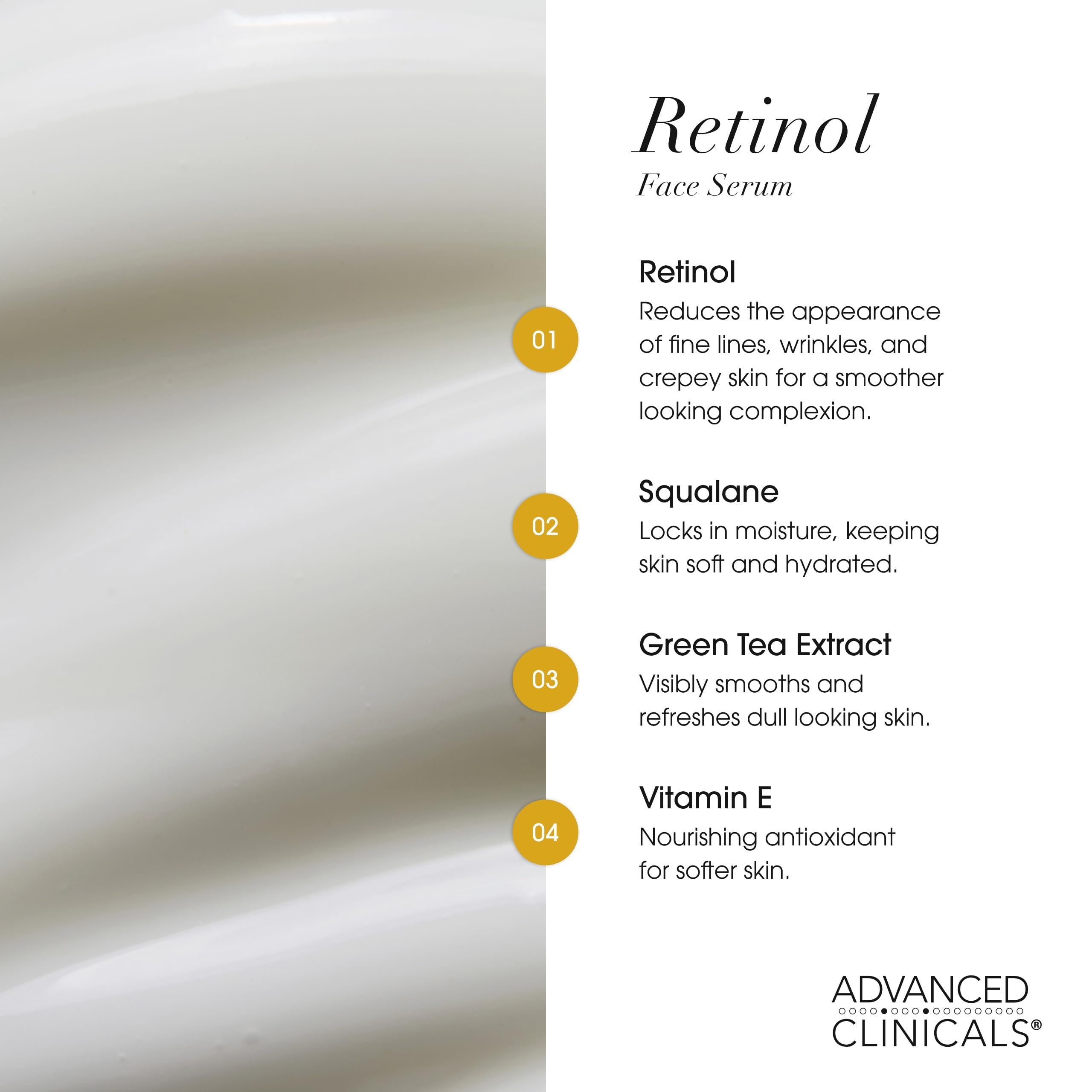 Advanced Clinicals product label listing retinol, green tea, and vitamin E
