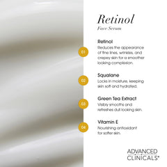 Advanced Clinicals product label listing retinol, green tea, and vitamin E