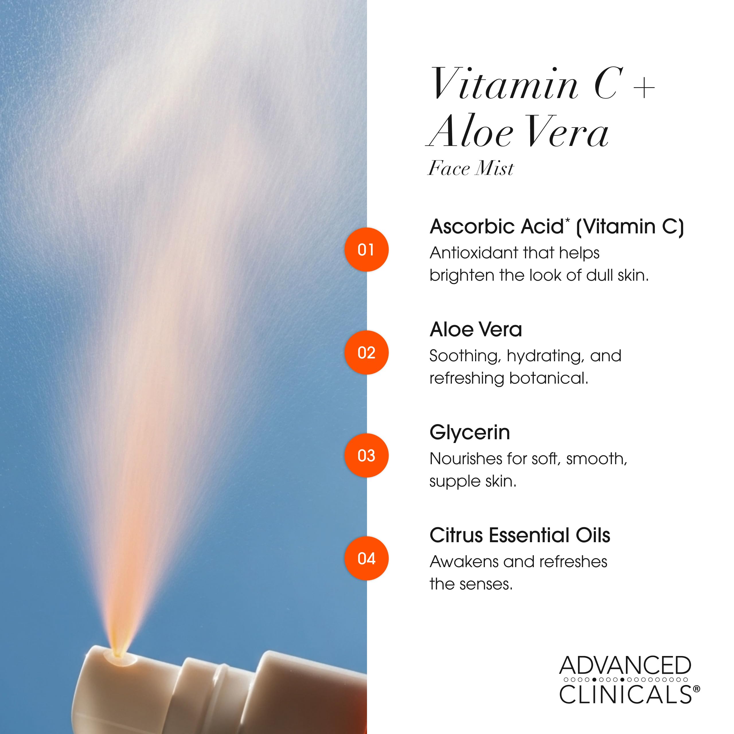 Advanced Clinicals rosewater ingredient with petals, calming hydration benefit highlighted