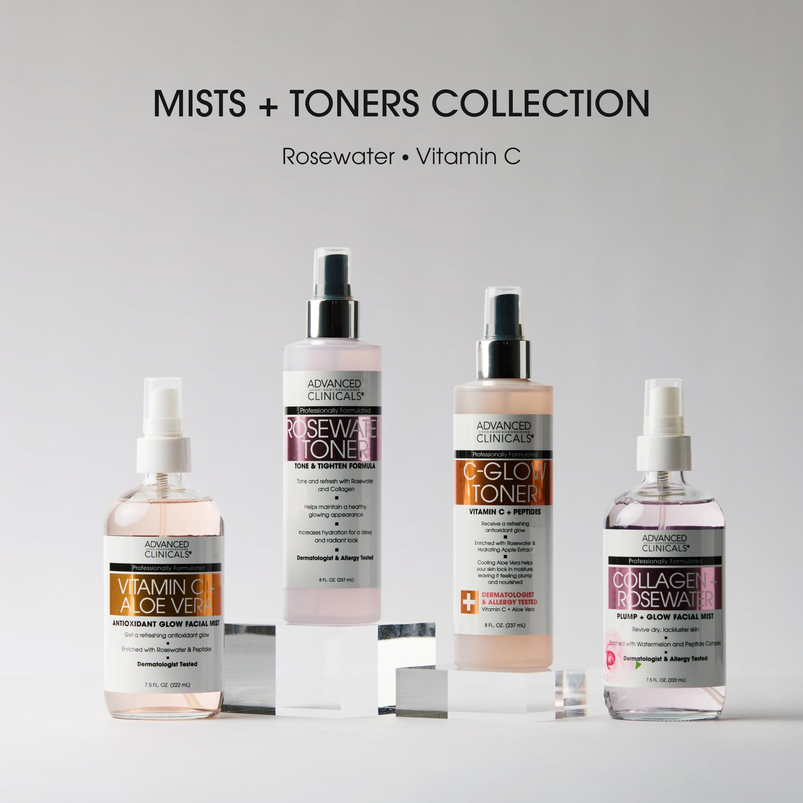 Advanced Clinicals rosewater splash representing pH-balancing and toning benefit