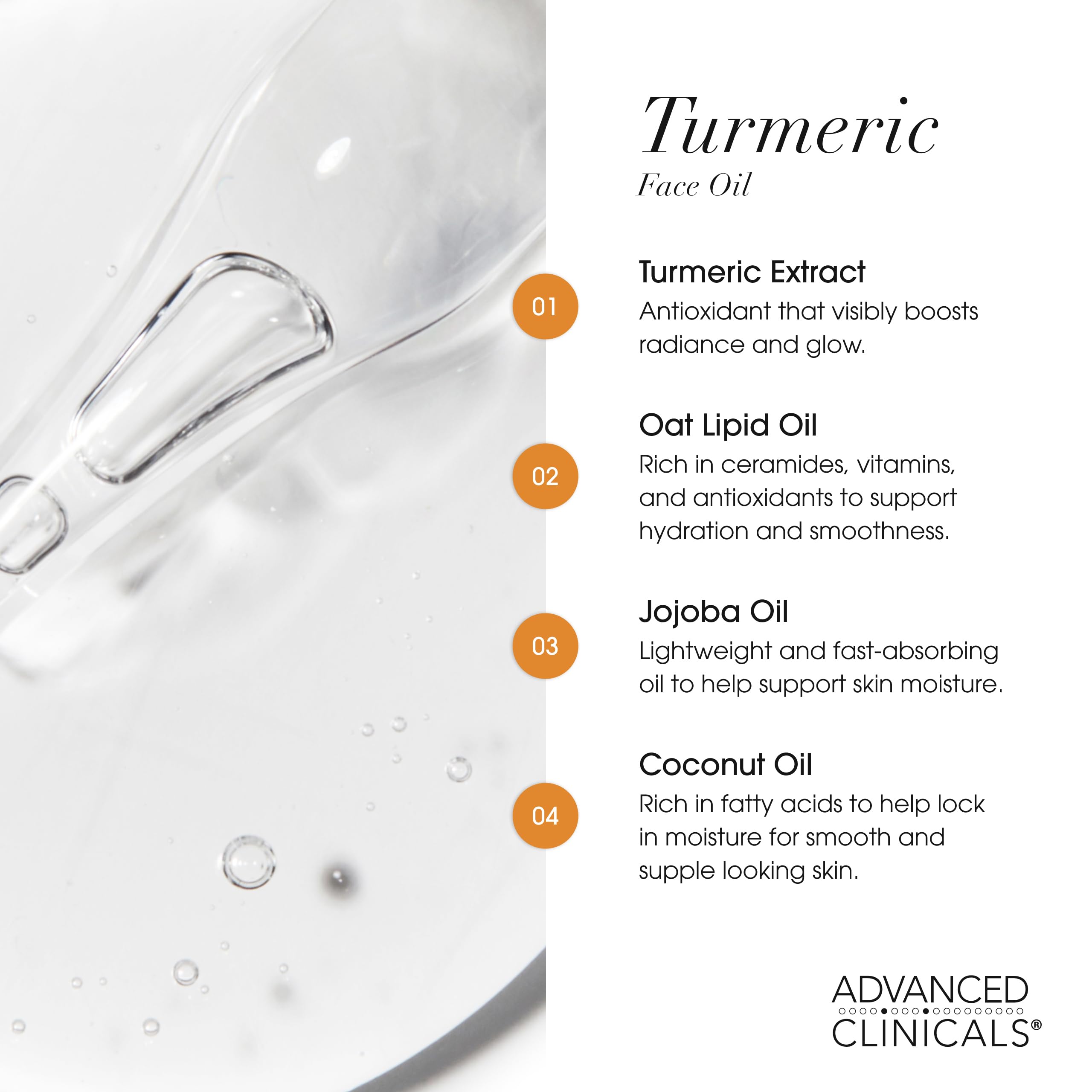 Advanced Clinicals ingredient display with oils and turmeric showing natural benefits