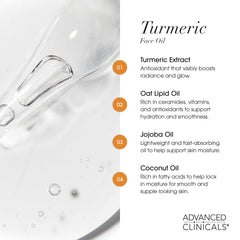 Advanced Clinicals ingredient display with oils and turmeric showing natural benefits