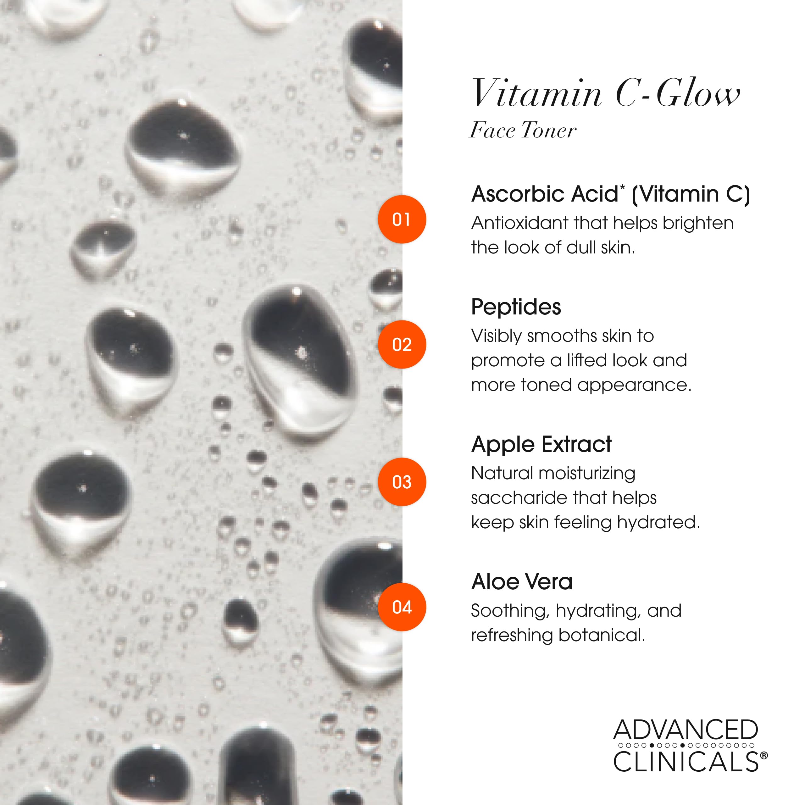 Advanced Clinicals texture droplet on hand showing lightweight hydration and quick absorption