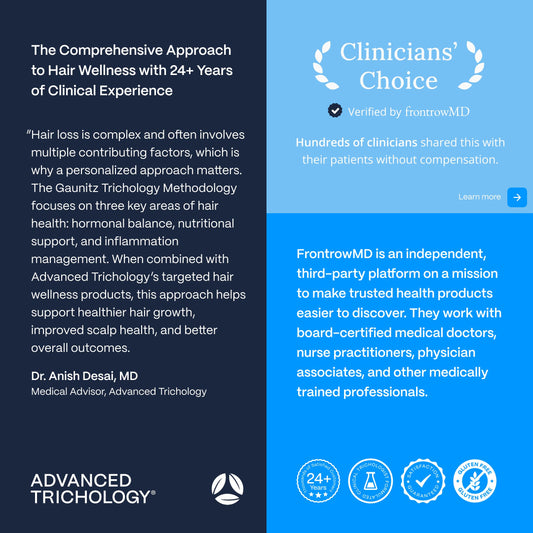 Advanced Trichology bottle close-up highlighting label clarity and dosage guidance