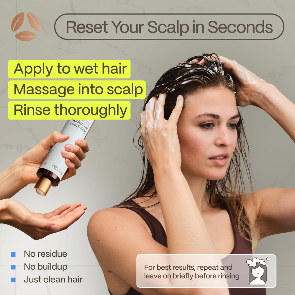 Advanced Trichology shampoo being applied in shower showing easy rinse benefit