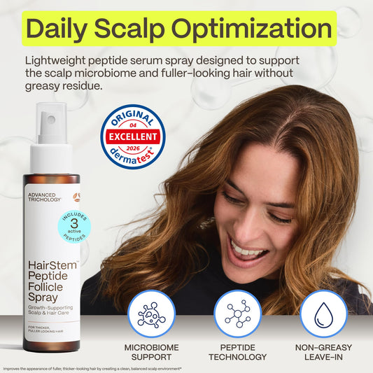 Advanced Trichology spray nozzle detail demonstrating even mist for precise scalp application benefit