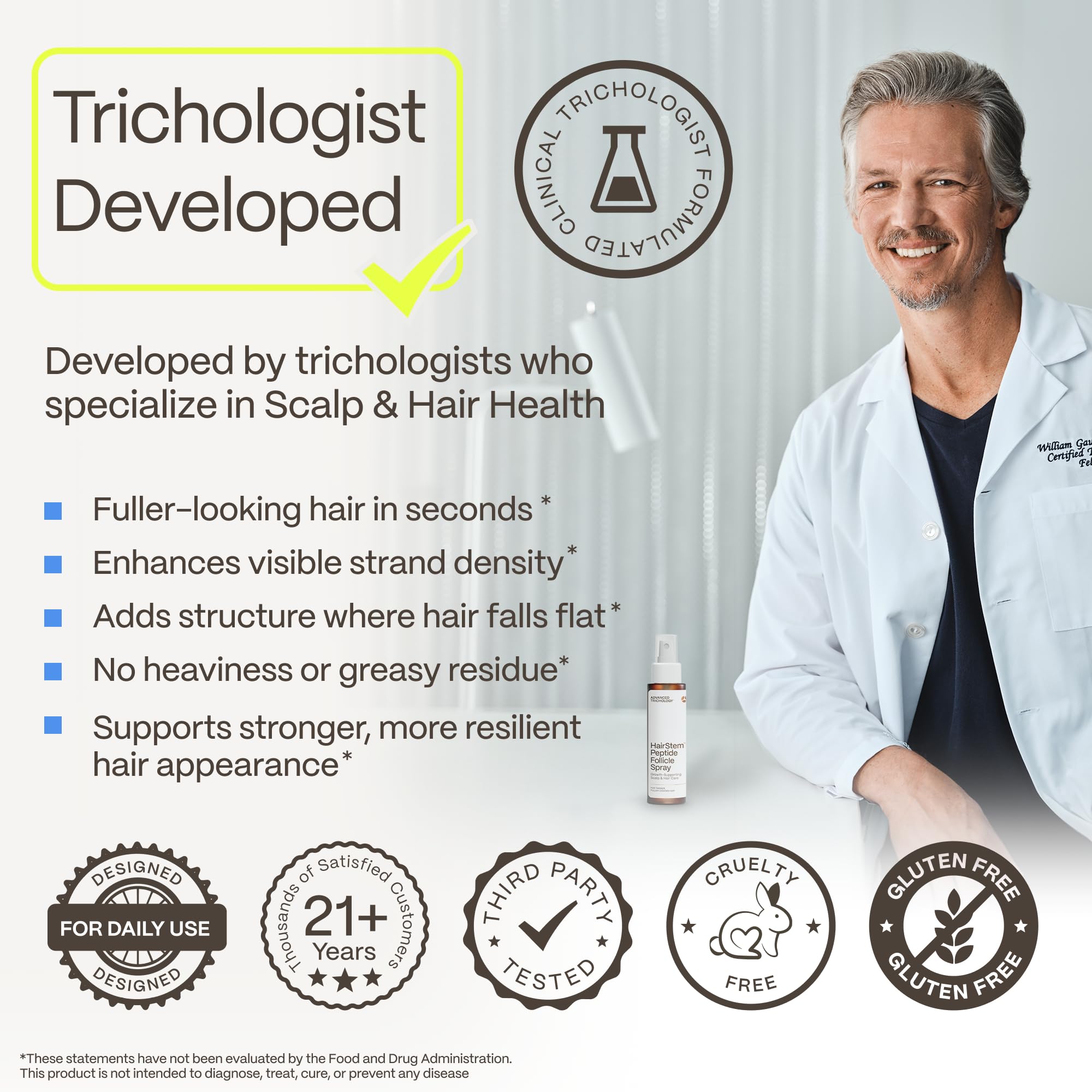 Advanced Trichology close-up texture of spray mist illustrating lightweight film-forming rice protein benefit