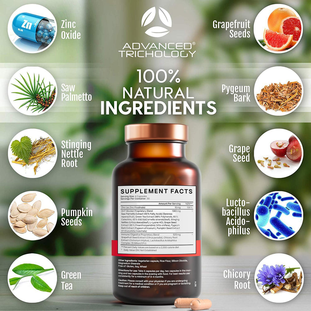 Advanced Trichology ingredients layout showing herbs and probiotics for scalp support