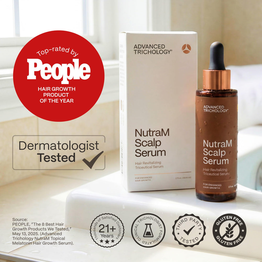 Advanced Trichology NutraM being applied to scalp demonstrating easy use