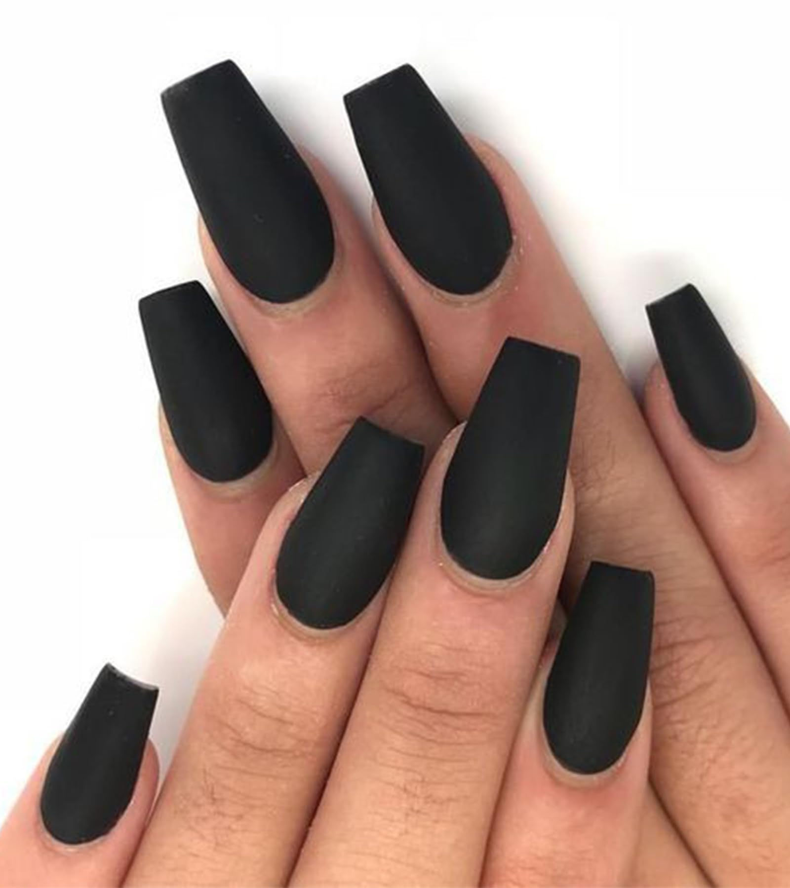 Aegenacess front packaging showing 24 matte black coffin press on nails for instant glam