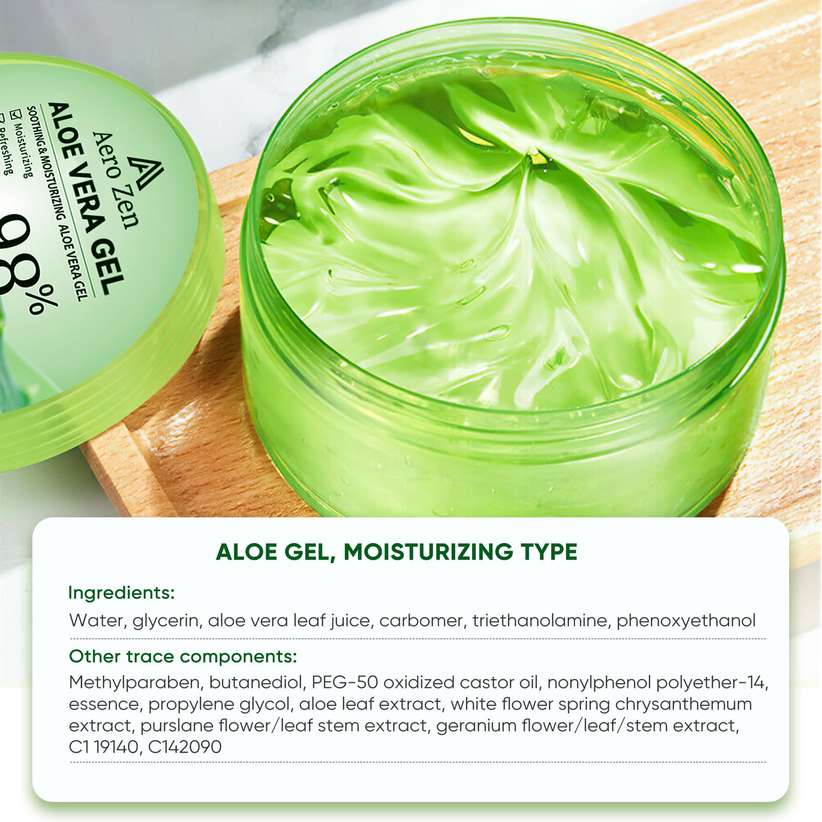 Aero Zen label close-up showing 98% aloe and fast-harvest claim