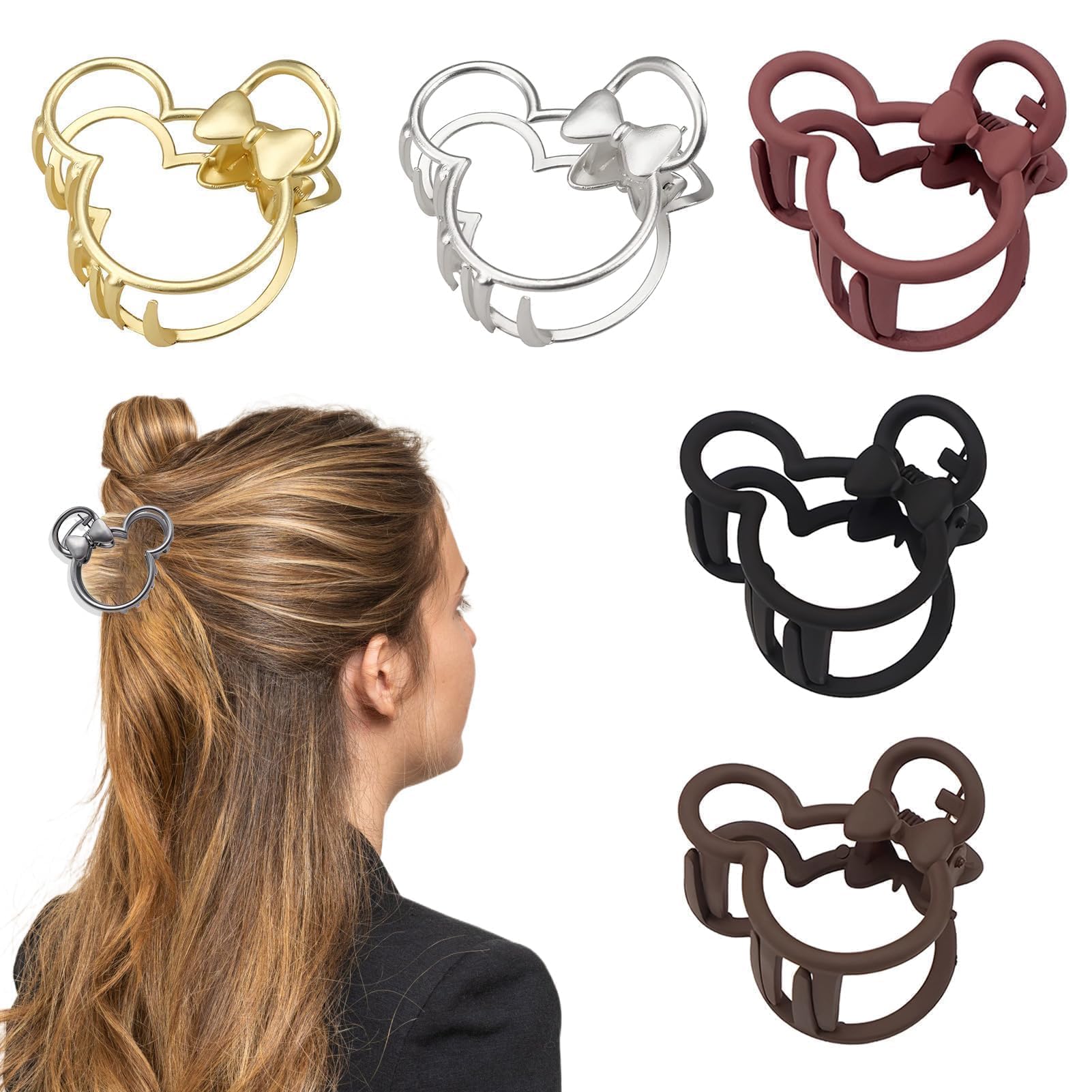Aesnoun front view of five mouse ear clips showing color variety and style benefit