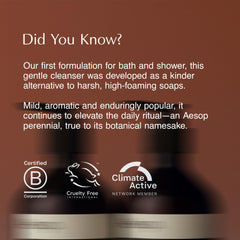 Aesop packaging detail showing recycled-plastic bottle and sustainability benefit