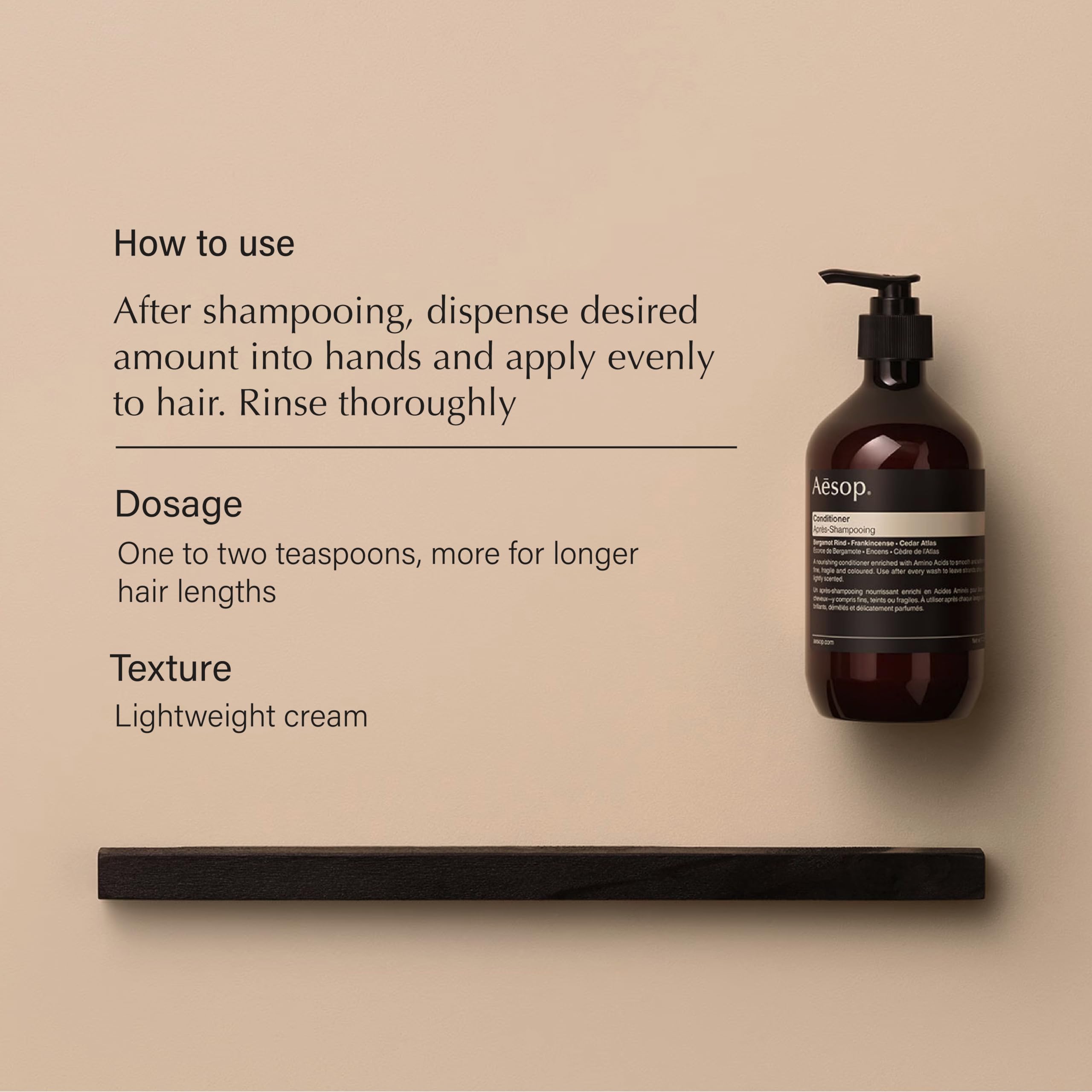 Aesop conditioner pump top and label detailing key botanical ingredients