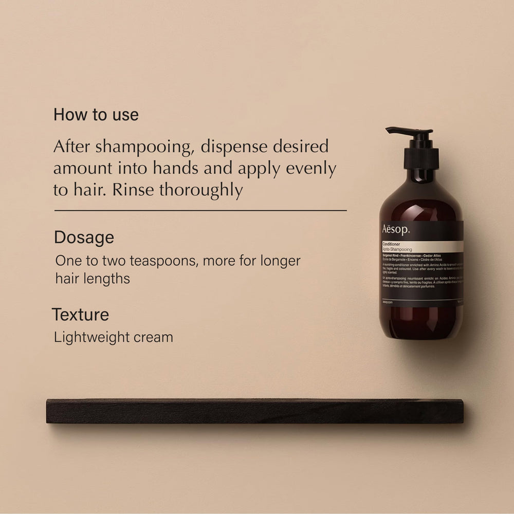 Aesop conditioner pump top and label detailing key botanical ingredients