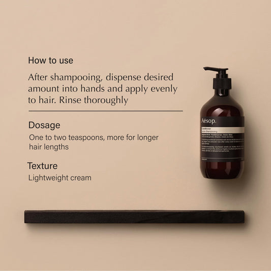 Aesop conditioner pump top and label detailing key botanical ingredients