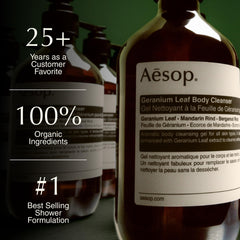 Aesop bottle being dispensed, showing easy pump use and controlled amount benefit