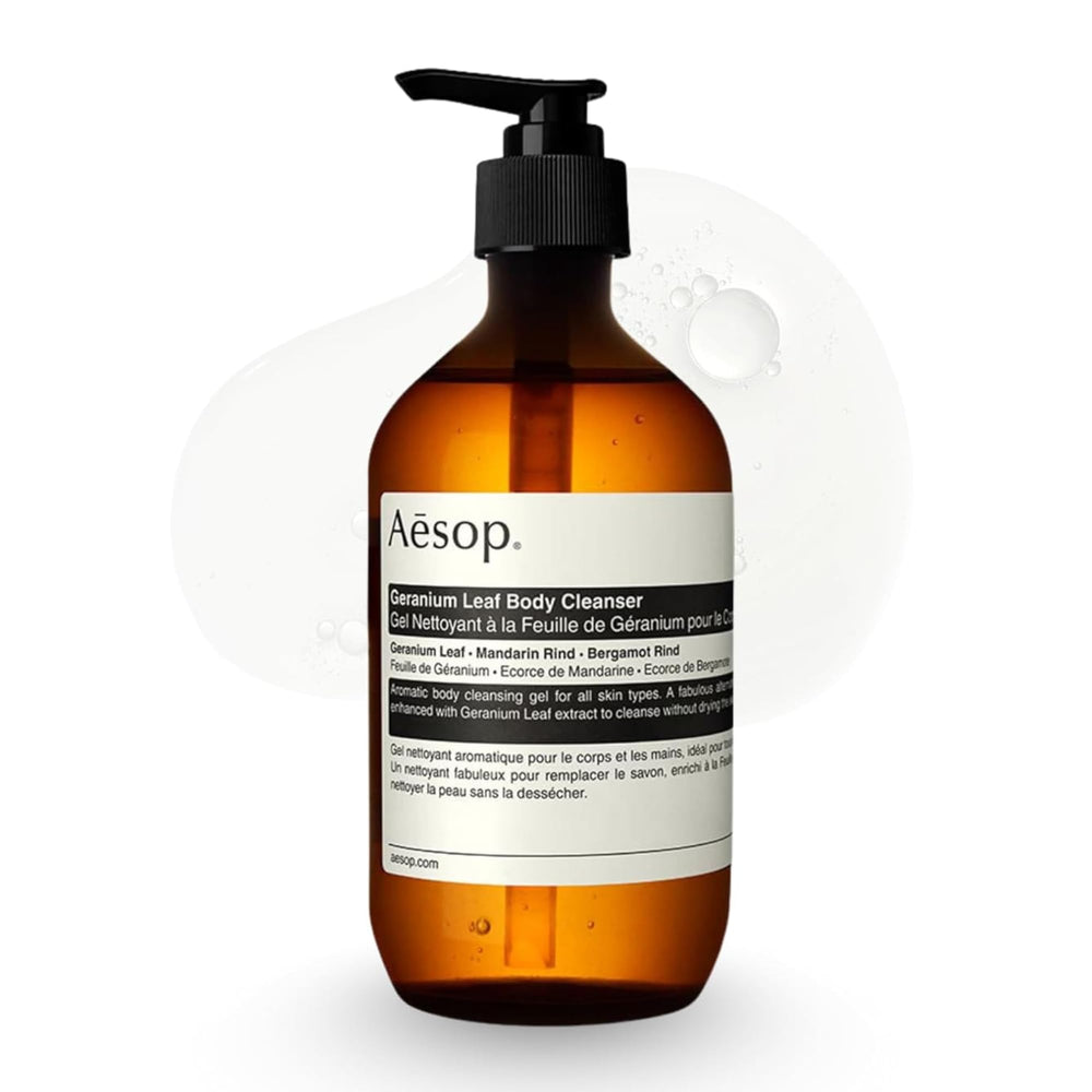 Aesop front packaging showing cleanser and brand, highlights generous 500 mL size